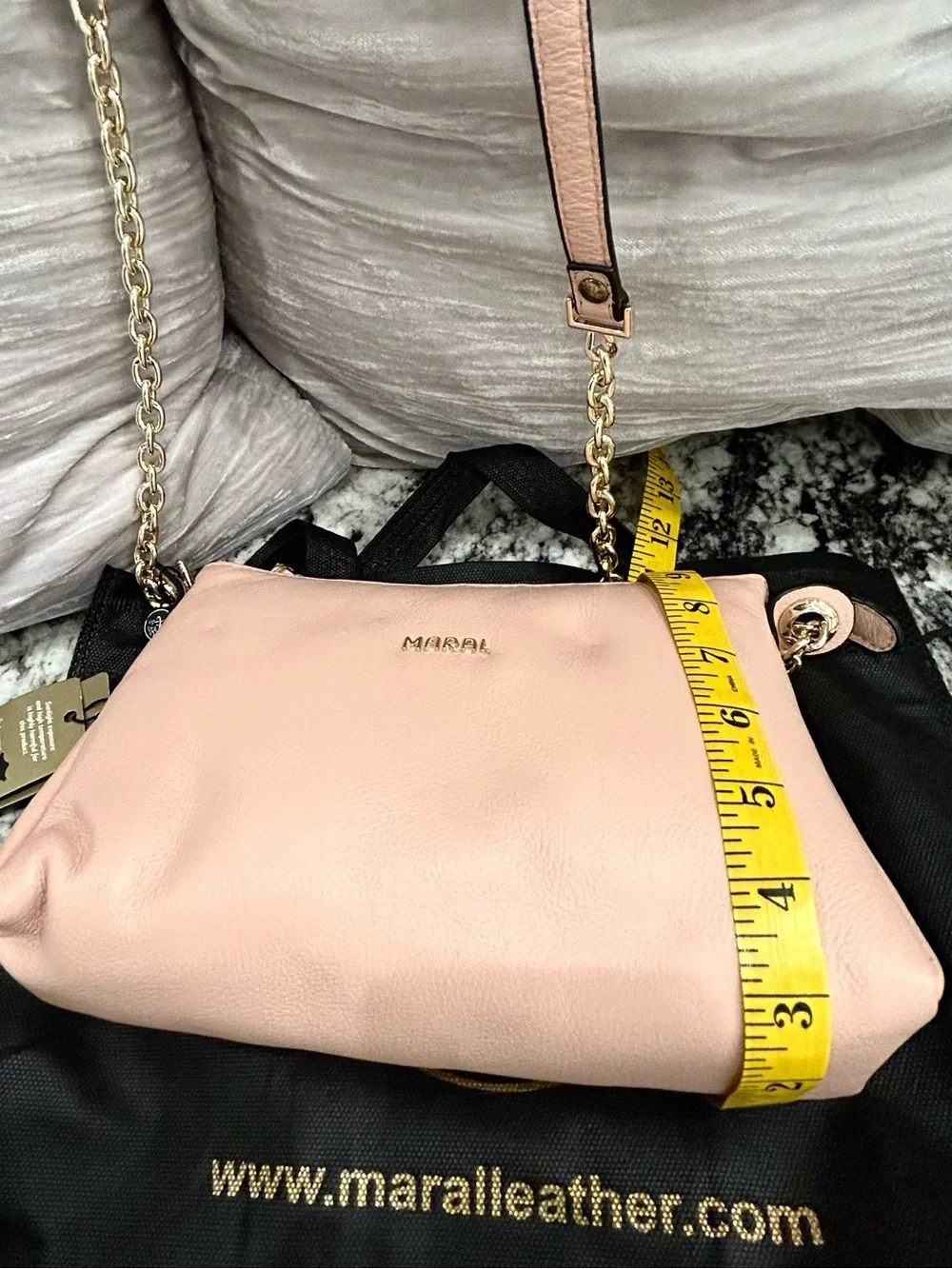 Leather Blush Pink Crossbody Bag with Gold Chain Strap